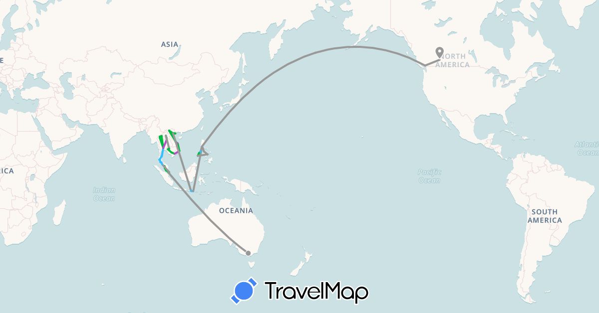 TravelMap itinerary: driving, bus, plane, train, boat in Australia, Canada, Indonesia, Cambodia, Laos, Malaysia, Philippines, Singapore, Thailand, Vietnam (Asia, North America, Oceania)